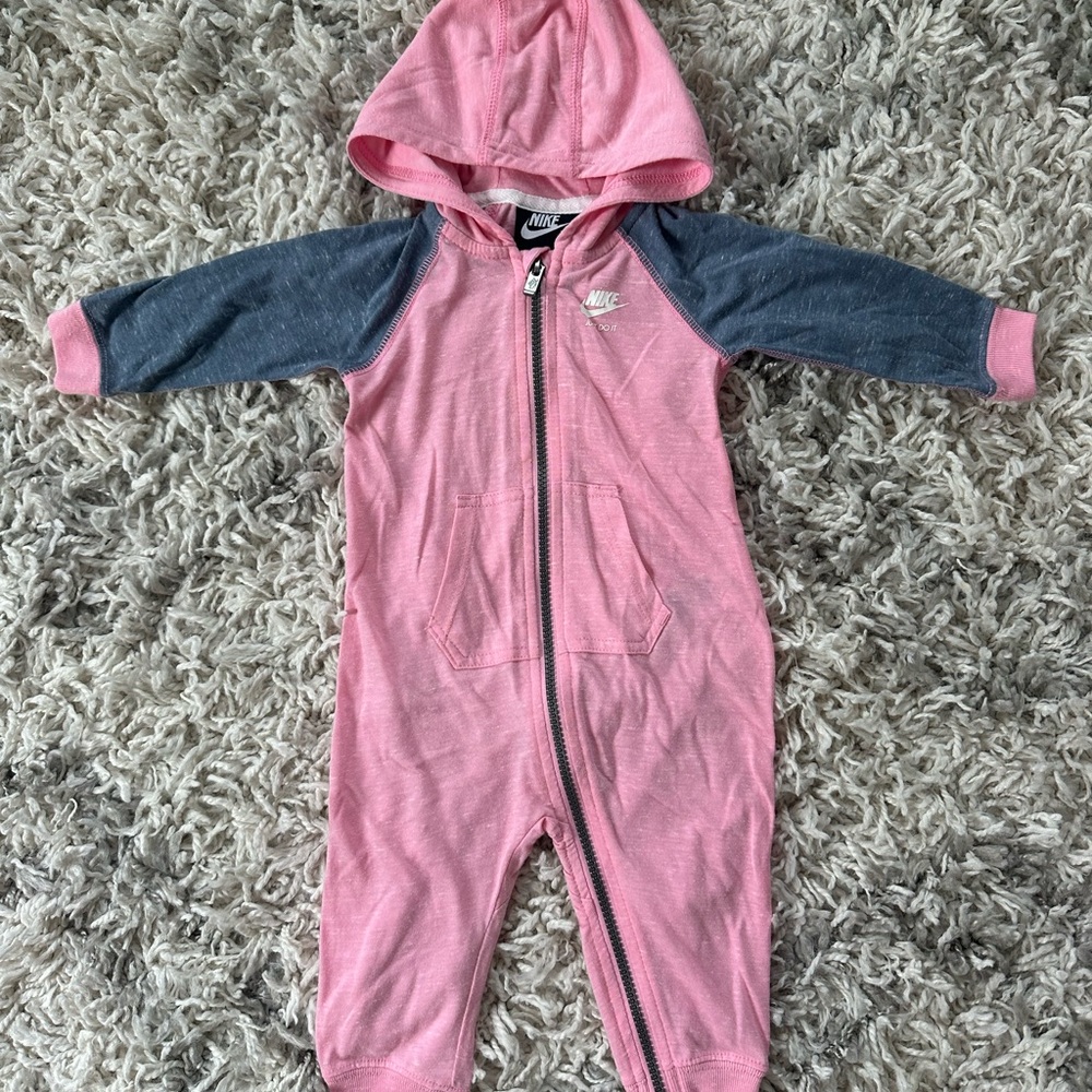 Nike Pink and Blue Hooded One-Piece Romper for Girl Baby, Size 9 Months